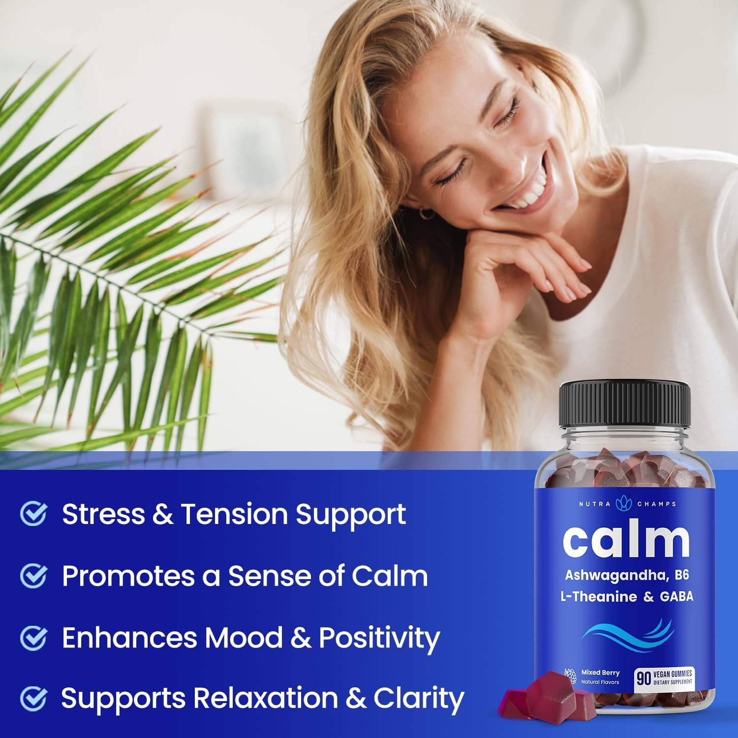 NutraChamps Calm Gummies, Gominolas para el Estrés con Ashwagandha, L-Teanina, GABA, Vitamina B6 y Melisa, Apoyo para el Estado de Ánimo, Concentración y Relajación, Sabor Natural a Baya, 90 Gominolas