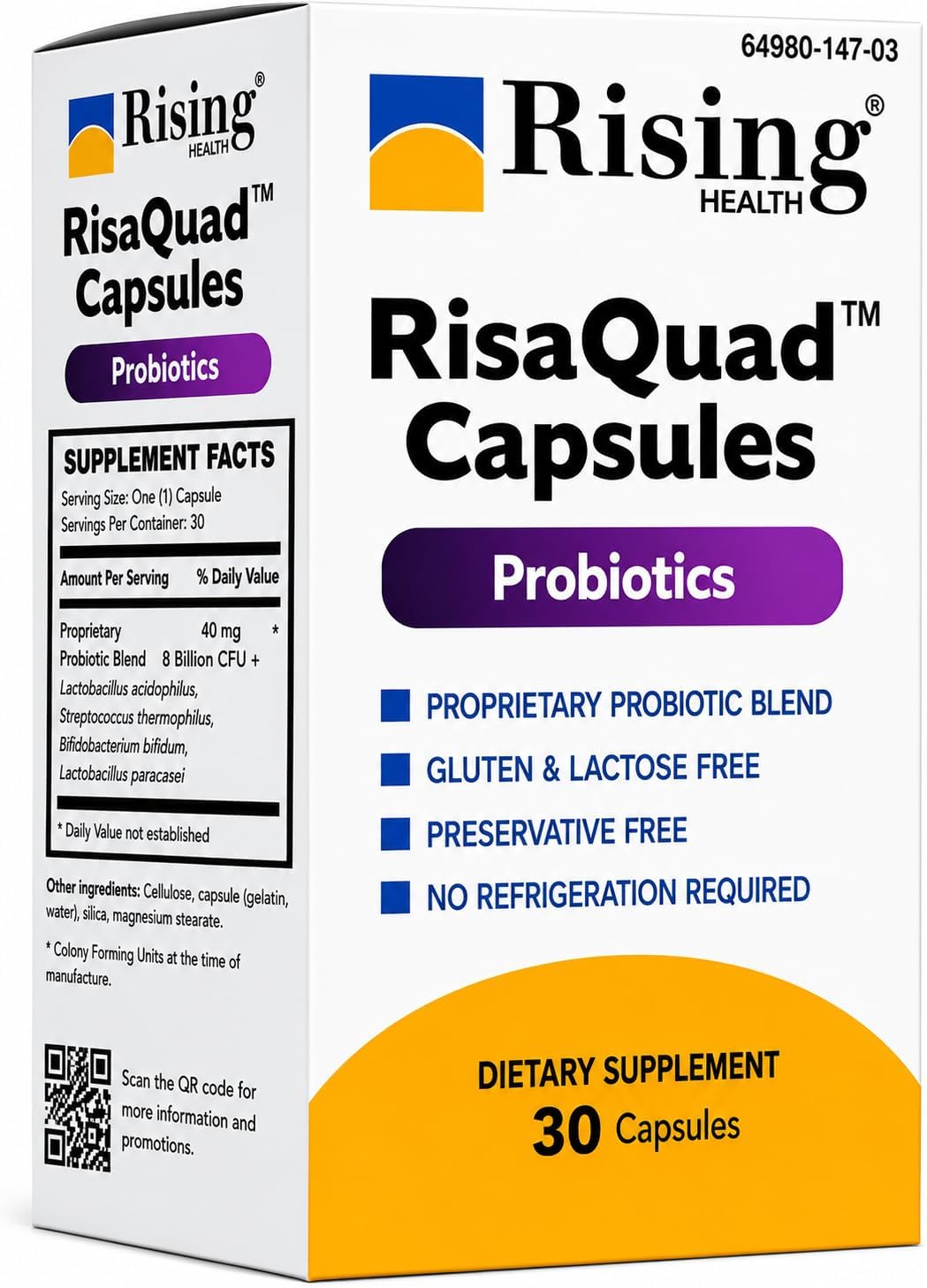 Rising Health RisaQuad™ Probiotic Capsules – 40 mg (8 Billion CFU+) Proprietary Blend for Digestive & Gut Health | Shelf Stable - 30 Capsules