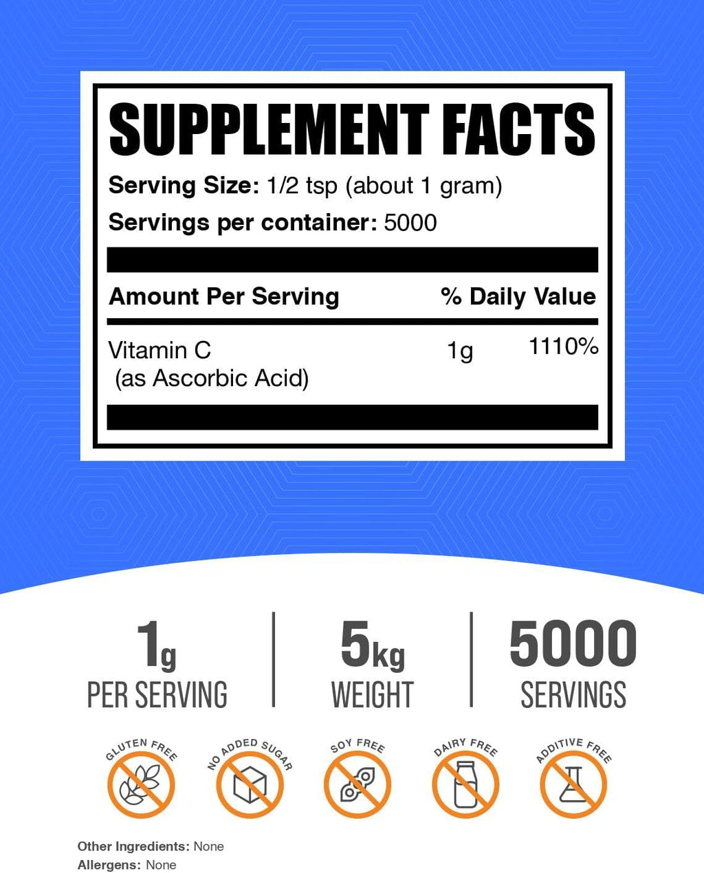 Ascorbic Acid Powder (Vitamin C) - 1 kg (5-pack) - BulkSupplements