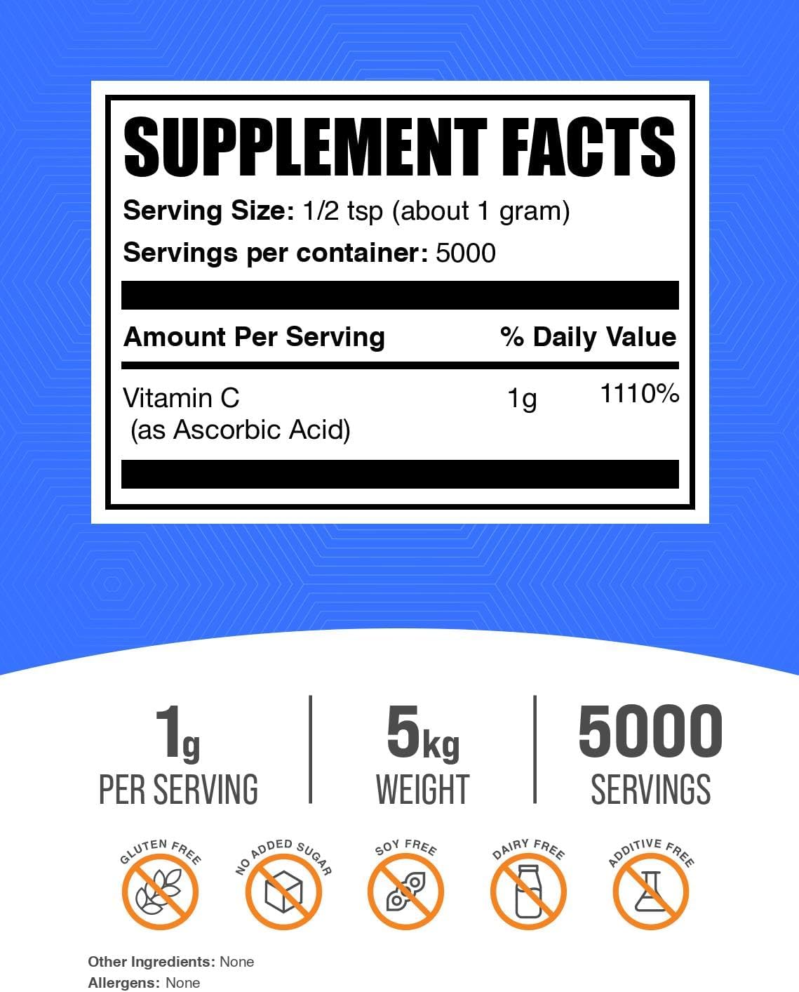 Ascorbic Acid Powder (Vitamin C) - 1 kg (5-pack) - BulkSupplements