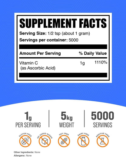 Ácido Ascórbico en Polvo (Vitamina C) - 1 kg (Paquete de 5) - BulkSupplements – Image 2