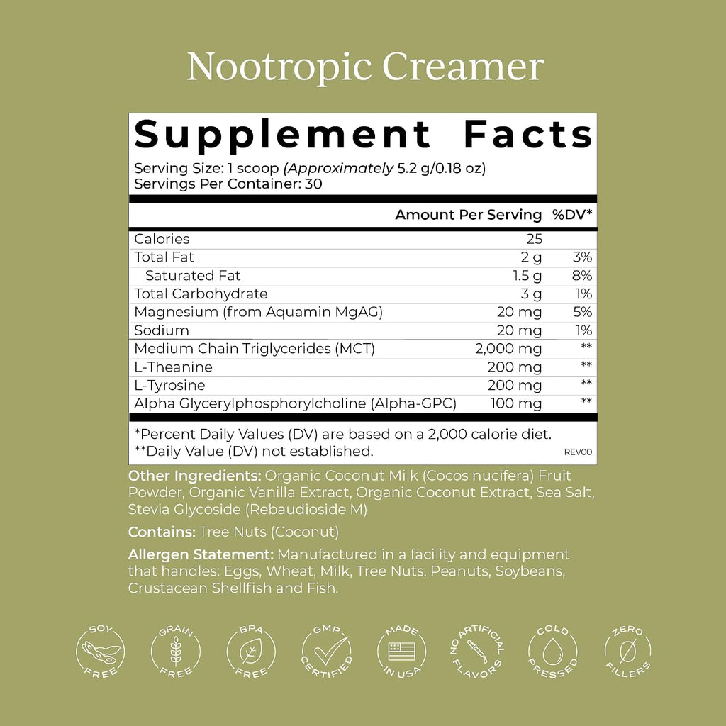 CYMBIOTIKA Nootropic Creamer – Crema de Café Nootrópica con MCT, Alpha GPC y L-Theanine – Sabor Coco y Vainilla – 30 Servicios