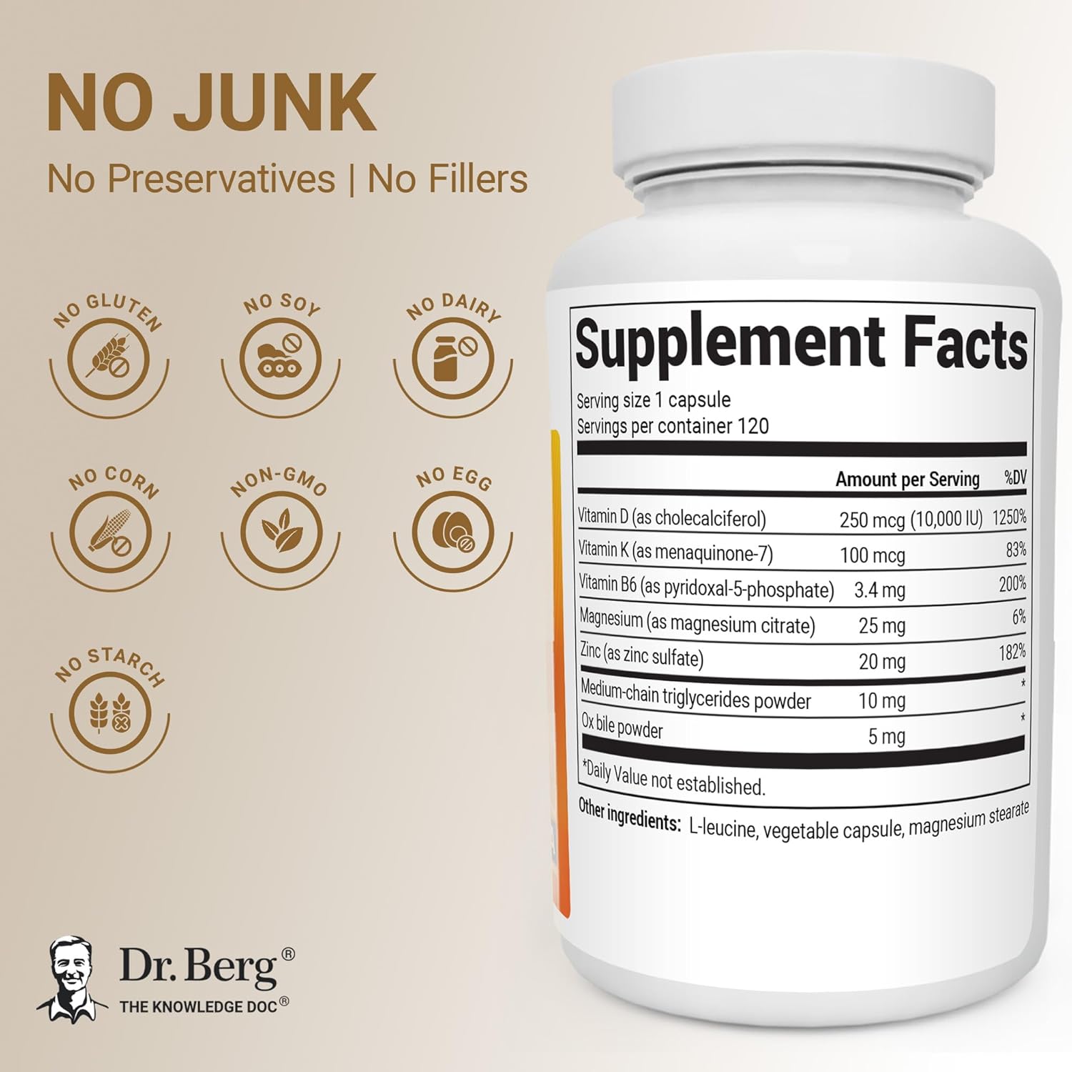 Dr. Berg Maximum Strength 7-in-1 Vitamin D3 K2 10,000 IU - 120 Capsules