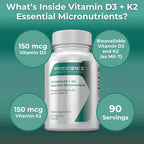 MYOXCIENCE Vitamina D3 + K2 Micronutrientes Esenciales | 6000 UI D3 + 150 mcg K2 MK-7 | 90 Cápsulas Vegetales