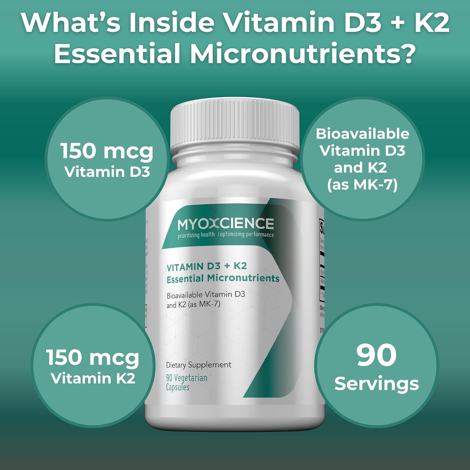 MYOXCIENCE Vitamina D3 + K2 Micronutrientes Esenciales | 6000 UI D3 + 150 mcg K2 MK-7 | 90 Cápsulas Vegetales