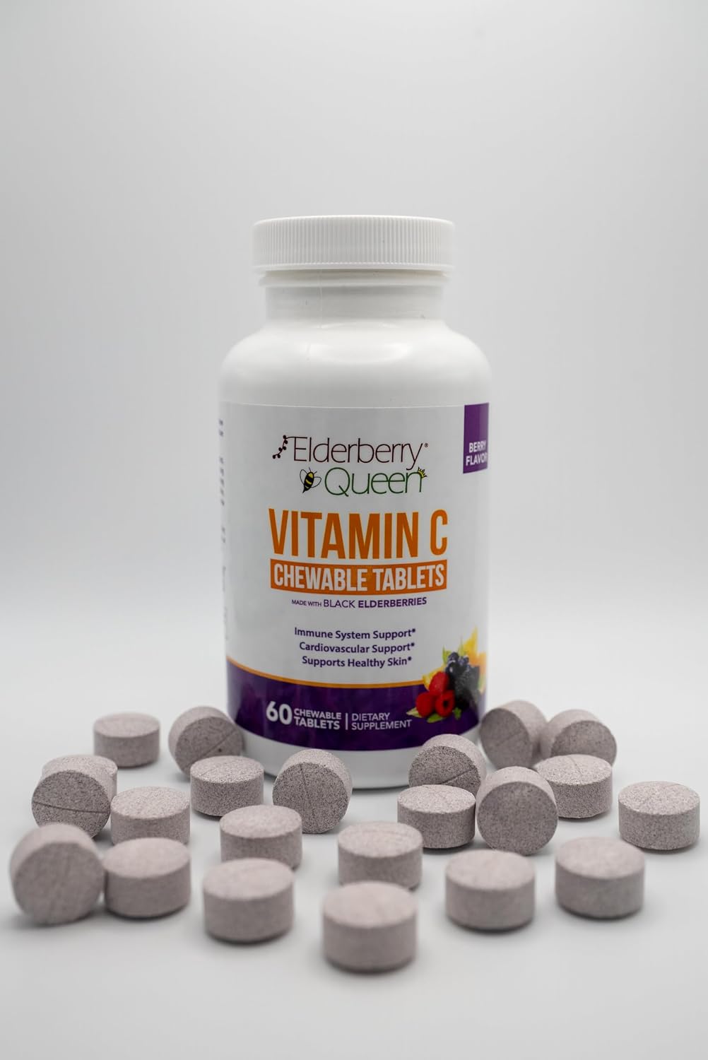 Elderberry Queen Chewable Vitamin C 500mg - Immune Boost & Antioxidant Support Tablets with Vitamin A, E & Organic Echinacea, Elder Fruit, Acerola - Natural Dietary Supplement, 60 Count