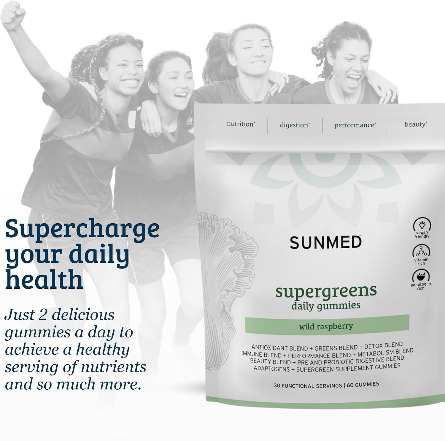 SUNMED Supergreens Daily Gummies – Mezcla de Bienestar con Ashwagandha, Té Verde, Spirulina, Probióticos y Antioxidantes | Frambuesa Silvestre, 60 unidades