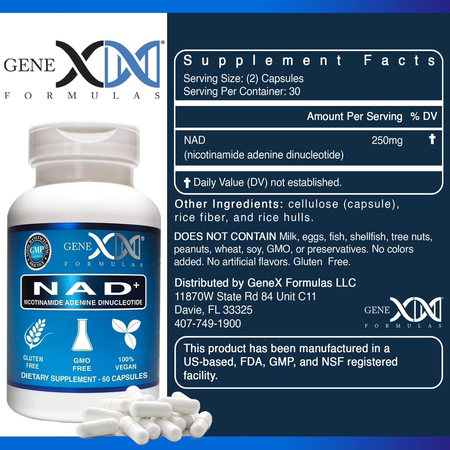 Genex Formulas NAD+ 250mg, 60 Cápsulas - Nicotinamida Adenina Dinucleótido (NAD+ Directo, Sin Precursores)