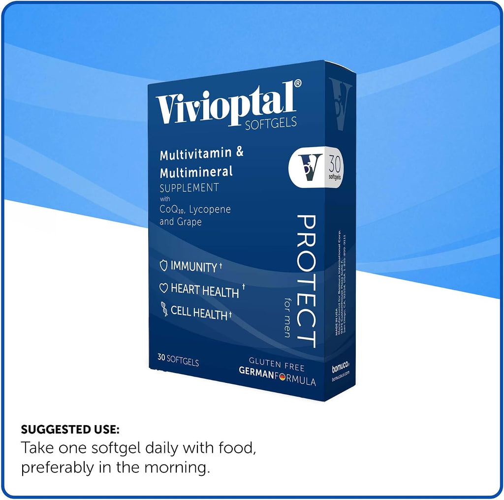 Vivioptal para Hombres, 30 Cápsulas, CoQ10, Licopeno y Resveratrol, Multivitamínico y Multimineral, Sin Gluten, Fórmula Alemana