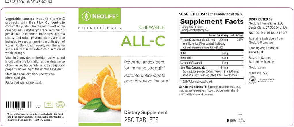 NeoLife All-C - Vitamina C Masticable con Complejo de Bioflavonoides - 250 Comprimidos