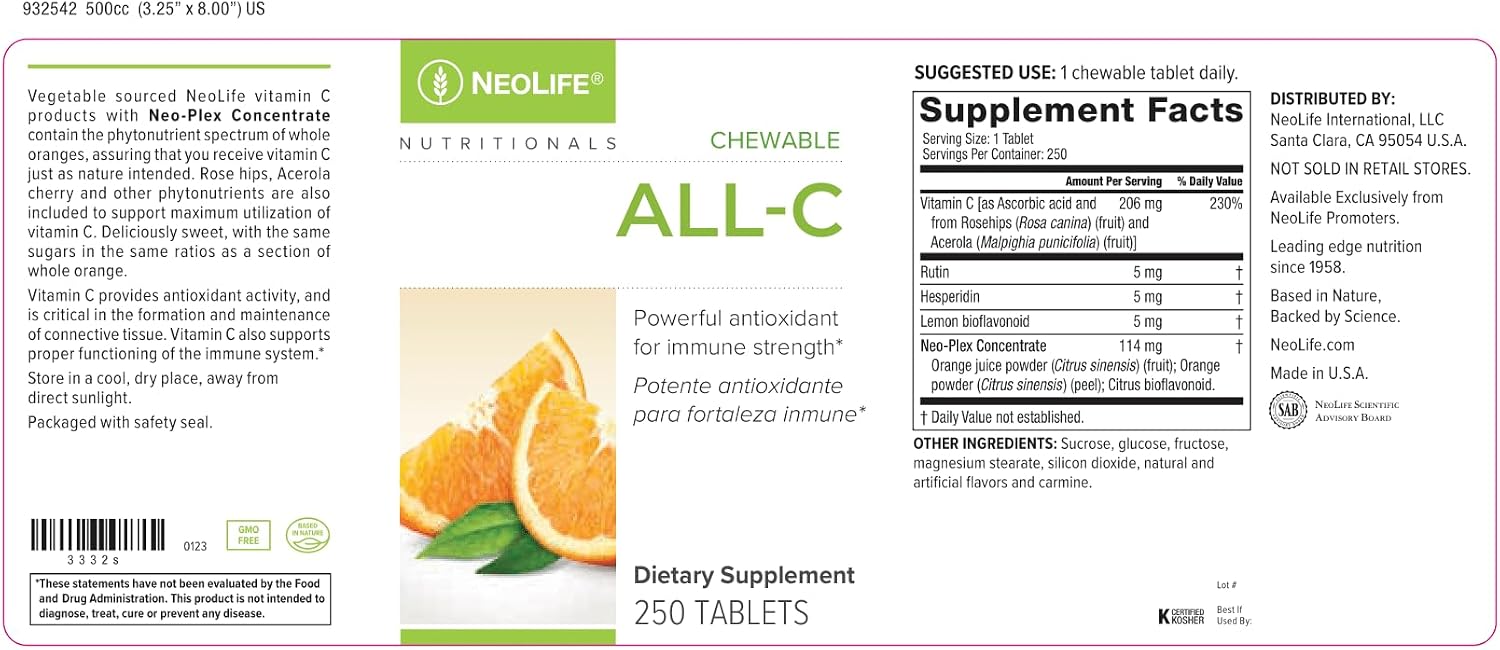 NeoLife All-C - Vitamina C Masticable con Complejo de Bioflavonoides - 250 Comprimidos