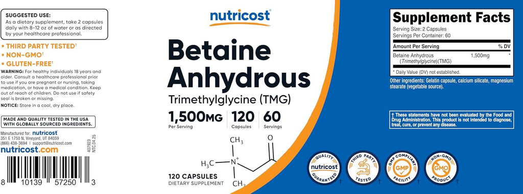 Nutricost Betaine Anhydrous 1500mg, 120 Capsules