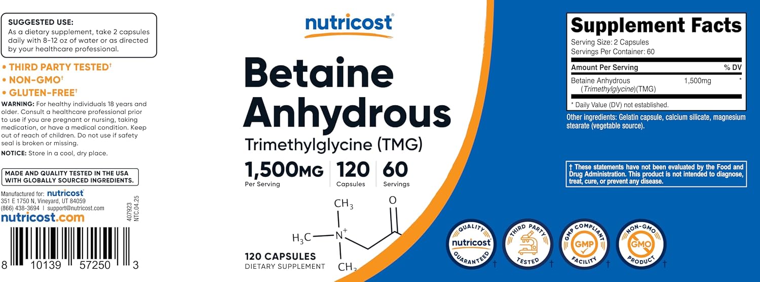 Nutricost Betaine Anhydrous 1500mg, 120 Capsules