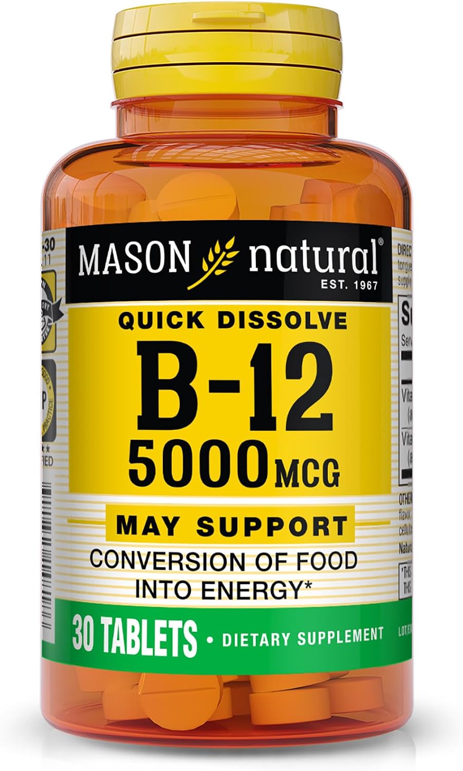 Mason Natural Vitamina B12 5000 mcg Sublingual - 30 Comprimidos Sabor Frambuesa
