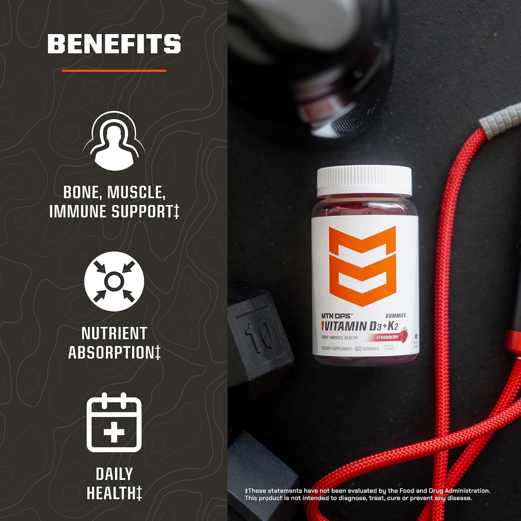 MTN OPS Vitamina D3 K2 Gominolas, 5000 UI, 90 mcg MK-7, Sabor Fresa Natural, 60 Gominolas
