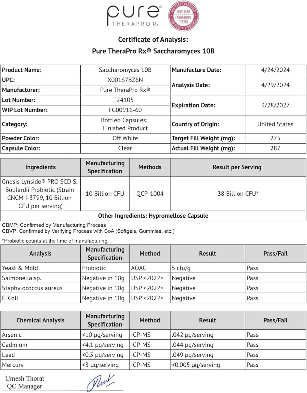 Pure Therapro Rx Saccharomyces Boulardii Probióticos 10 mil millones UFC - 60 Cápsulas