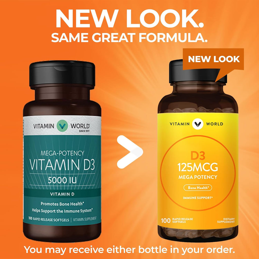 Vitamin World Vitamina D3 5000 UI 100 Cápsulas Blandas - Alta Potencia, Biodisponible, Para la Salud Ósea y el Sistema Inmunitario, Liberación Rápida, Sin Gluten