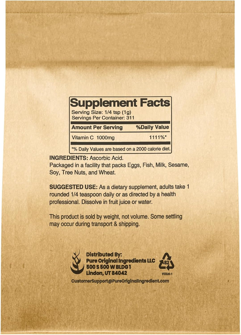 PURE ORIGINAL INGREDIENTS Vitamina C en Polvo, 312 g (11 oz), Ácido Ascórbico Puro