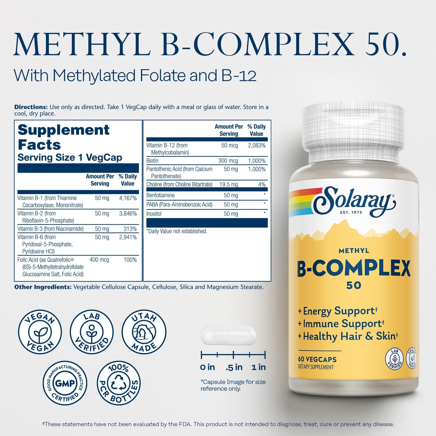 SOLARAY Methylated B Complex - B Vitamin Complex with B12, B6, B1, Folic Acid & Biotin - 60 Vegan Capsules