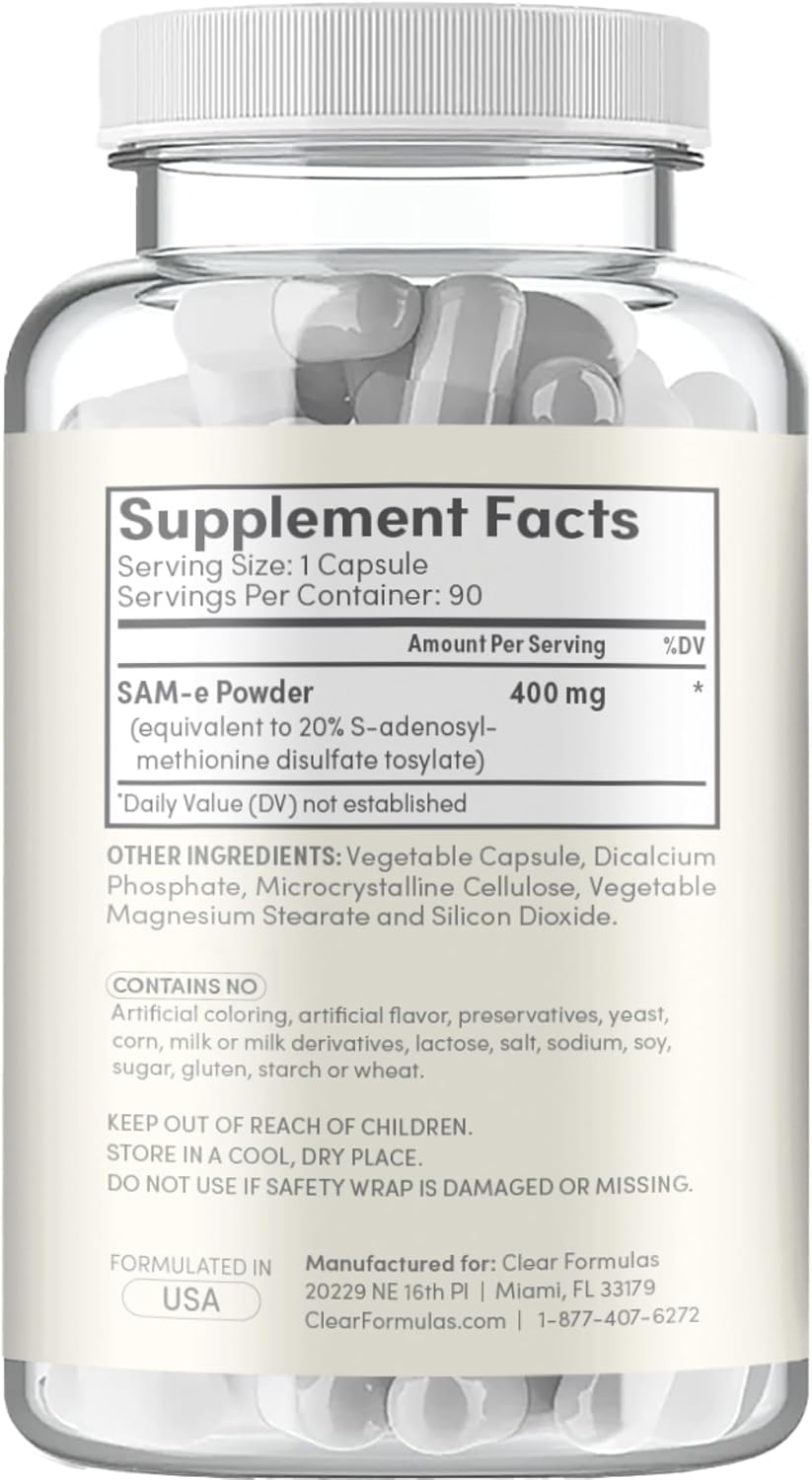 Clear Formulas Bioactive SAM-e 400mg - Suplemento de SAM-e bioactivo para hígado y estado de ánimo - 90 cápsulas