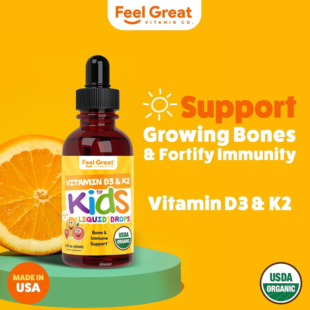 Feel Great USDA Organic Liquid Vitamin D Drops for Infants & Toddlers (2 oz) w/ K2 for Absorption