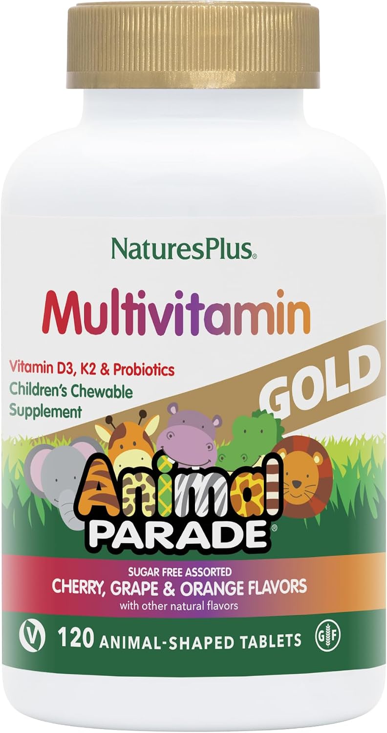 NaturesPlus Animal Parade Gold Multivitamínico Infantil - 120 comprimidos masticables - Sabores cereza, naranja y uva - Vegetariano, sin gluten