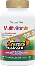 NaturesPlus Animal Parade Gold Multivitamínico Infantil - 120 comprimidos masticables - Sabores cereza, naranja y uva - Vegetariano, sin gluten