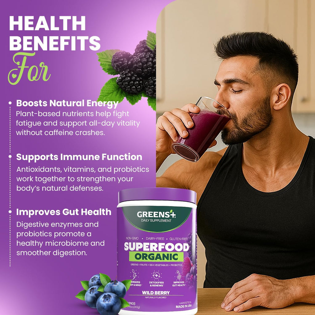 Greens+ Organic Wild Berry Superfood Powder - Suplemento vegano con antioxidantes, energía y vitalidad (240 g)