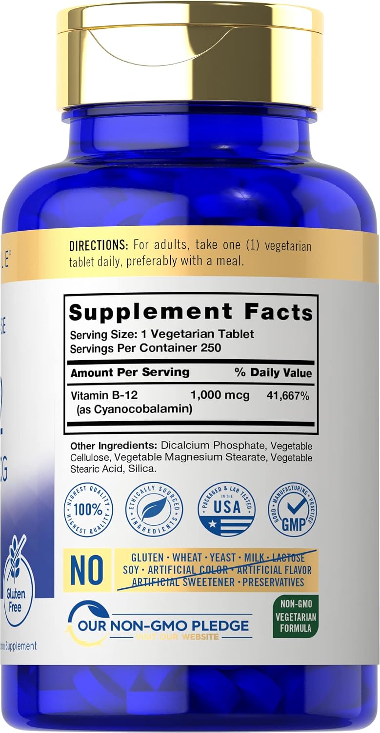 Carlyle Vitamina B12 1000 mcg | 250 Comprimidos | Liberación Prolongada | Cianocobalamina | Vegetariano, No GMO y Sin Gluten
