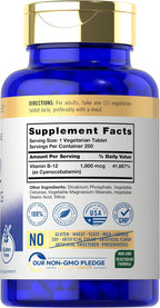 Carlyle Vitamina B12 1000 mcg | 250 Comprimidos | Liberación Prolongada | Cianocobalamina | Vegetariano, No GMO y Sin Gluten