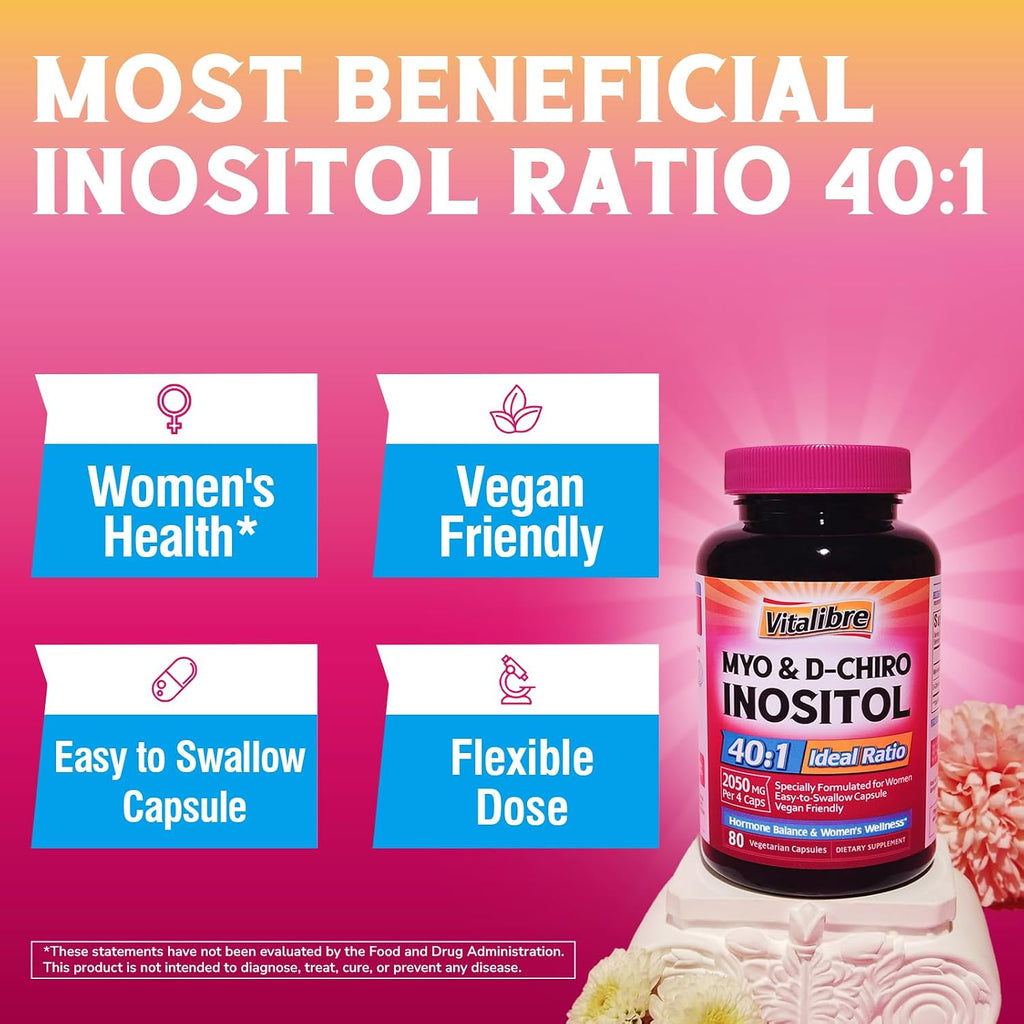 Vitalibre Inositol 40:1 - Myo-Inositol y D-Chiro Inositol para el Equilibrio Hormonal, 80 Cápsulas Veganas