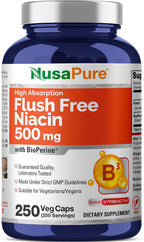 NusaPure Niacina Sin Enrojecimiento (Flush-Free) - 500 mg, 250 Cápsulas Veganas