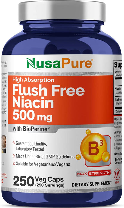 NusaPure Niacina Sin Enrojecimiento (Flush-Free) - 500 mg, 250 Cápsulas Veganas – Image 1