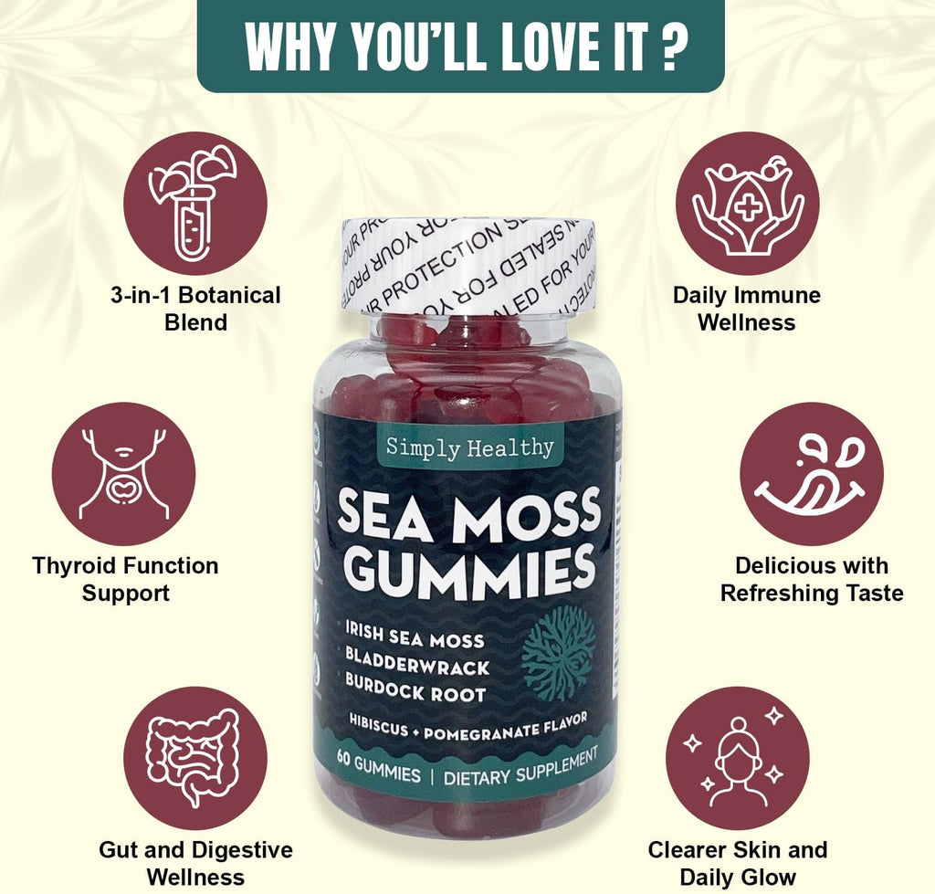 Simply Healthy Premium Sea Moss Gummies – Irish Sea Moss con Bladderwrack y Burdock Root, 60 Gominolas Veganas