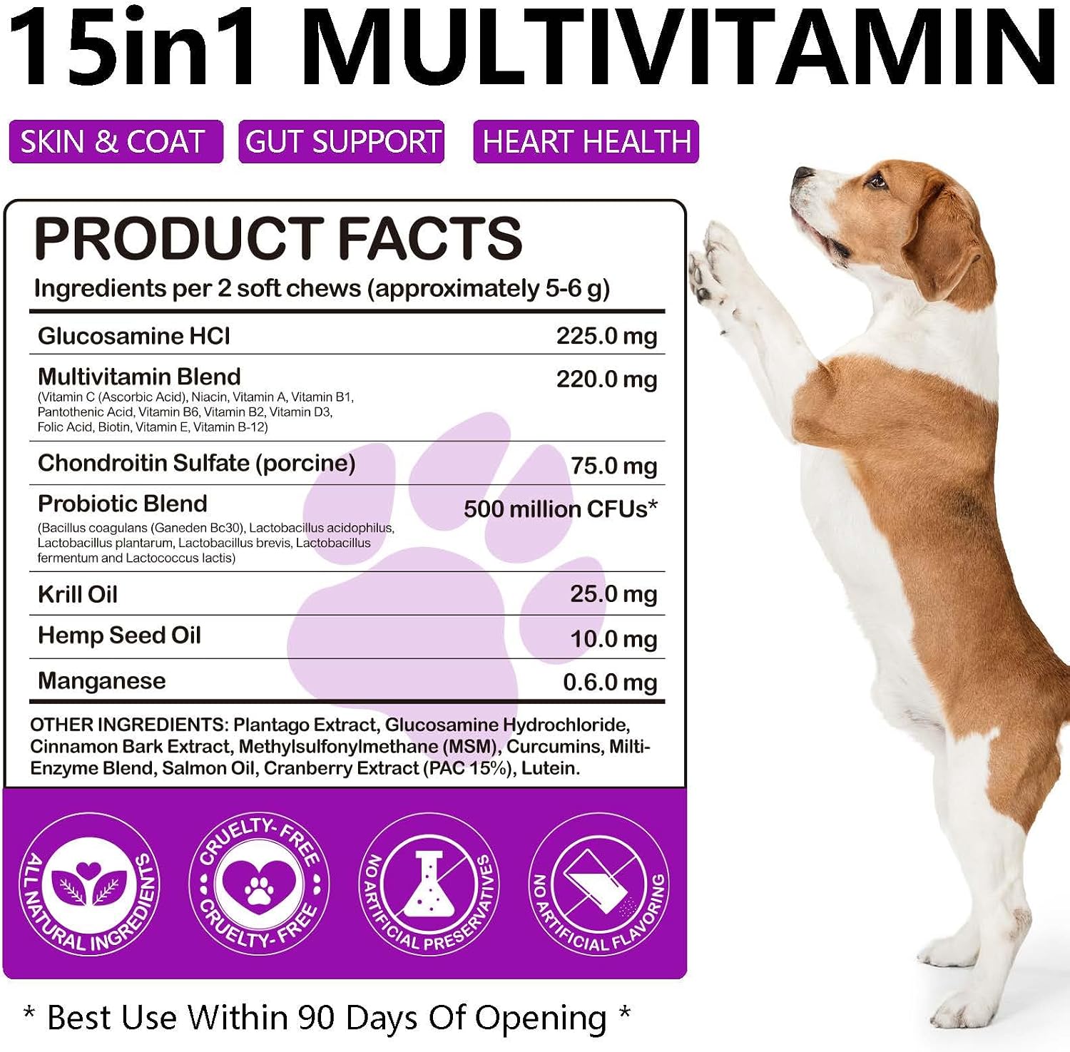 Masticables Multivitamínicos 15 en 1 para Perros con Glucosamina y Probióticos – 150 unidades
