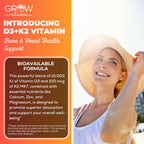 grow vitamin D3 K2 con MCT Oil - 10.000 UI D3, 100 mcg K2 MK-7, Calcio, Zinc, BioPerine, Magnesio - 60 Cápsulas