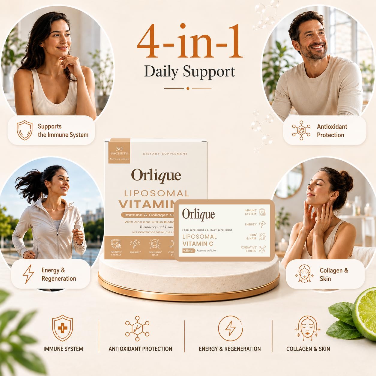 Orlique Vitamina C Liposomal 1000 mg con Zinc y Bioflavonoides | Sabor Lima y Frambuesa | 30 Sobres