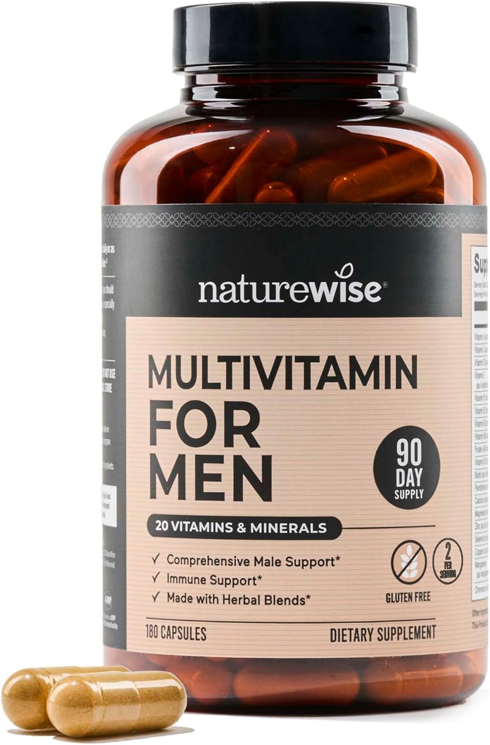 NatureWise Multivitamínico para Hombres - Complejo de Vitaminas, Minerales y Hierbas para Energía, Rendimiento e Inmunidad - con Vitamina A, C, D, Complejo B - Sin Soja ni Gluten, No GMO - 180 Cápsulas (3 Meses)