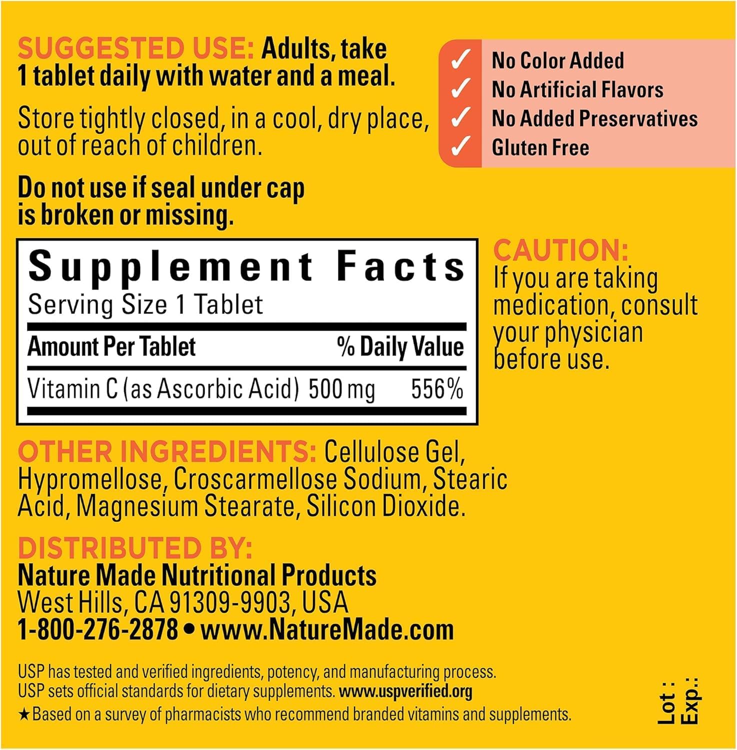 Nature Made Vitamina C 500 mg Caplets, 300 Caplets (3 Envases de 100)
