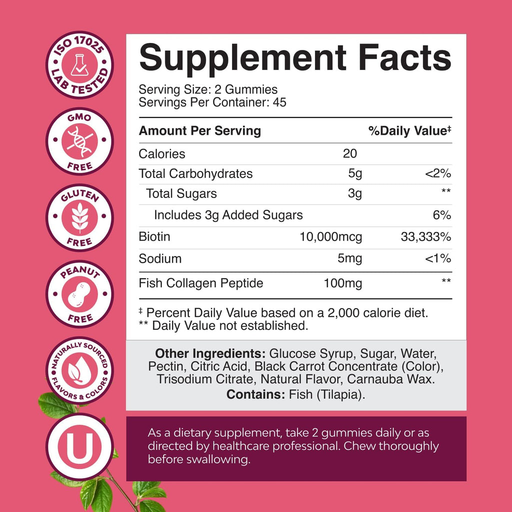 Gominolas de Biotina y Colágeno para Mujeres - Extra Fuertes - 10000mcg por porción - 90 unidades