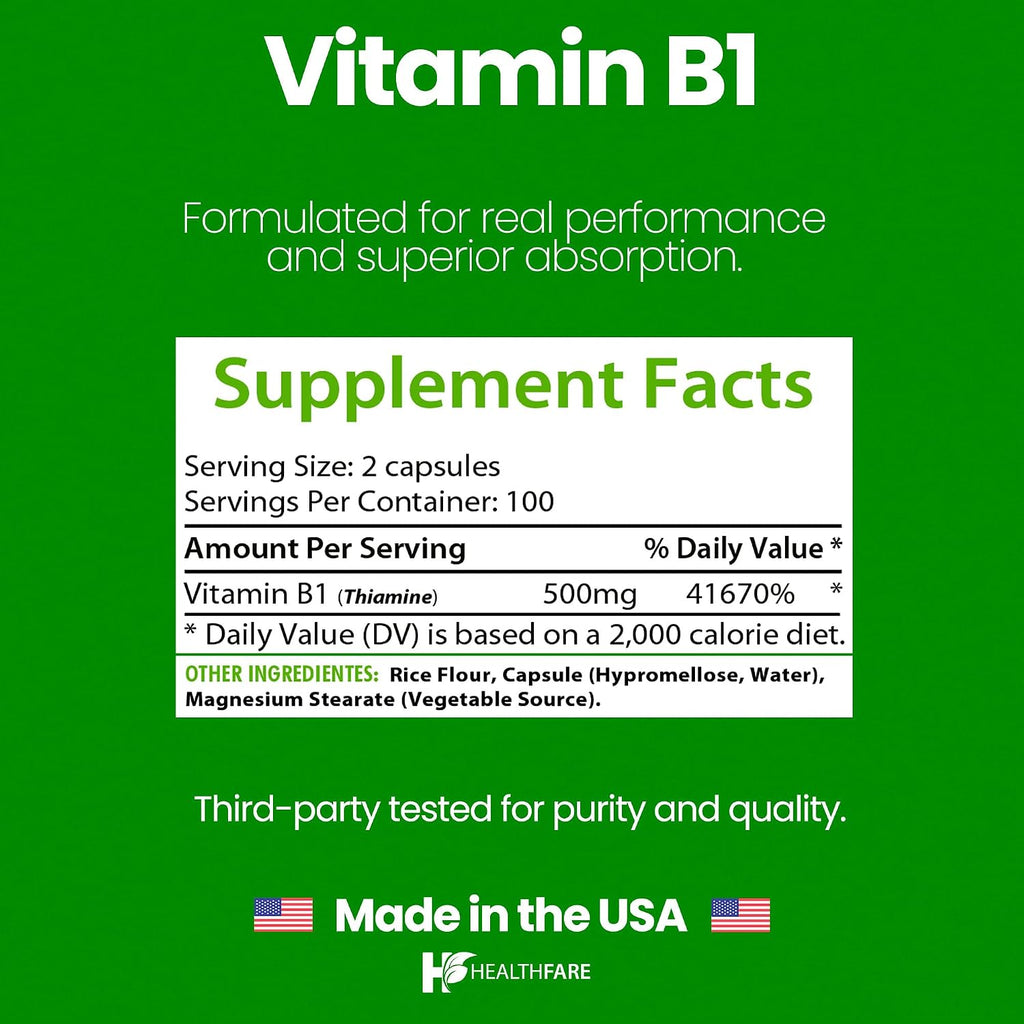 Healthfare Vitamina B1 (Tiamina) 500mg | 200 Cápsulas Veganas | Alta Potencia