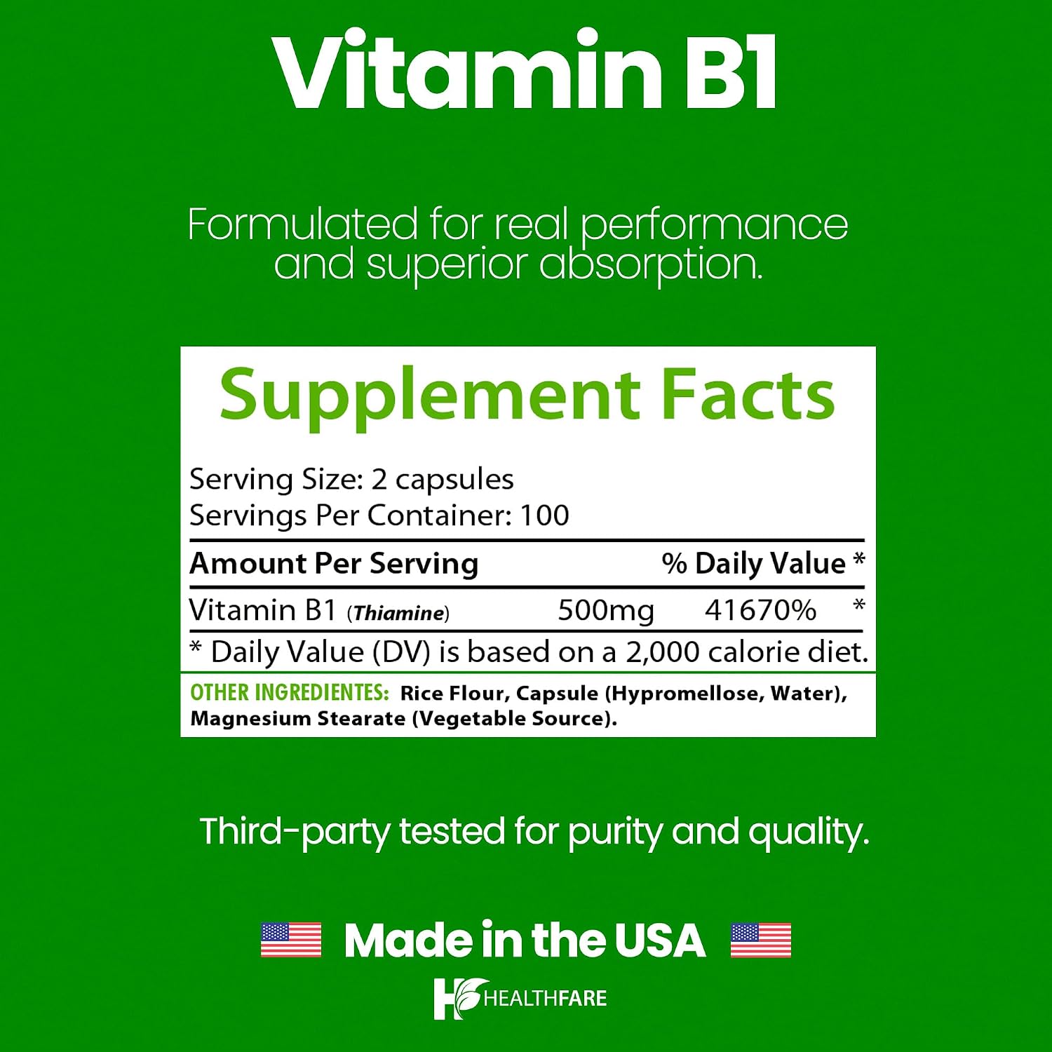 Healthfare Vitamina B1 (Tiamina) 500mg | 200 Cápsulas Veganas | Alta Potencia