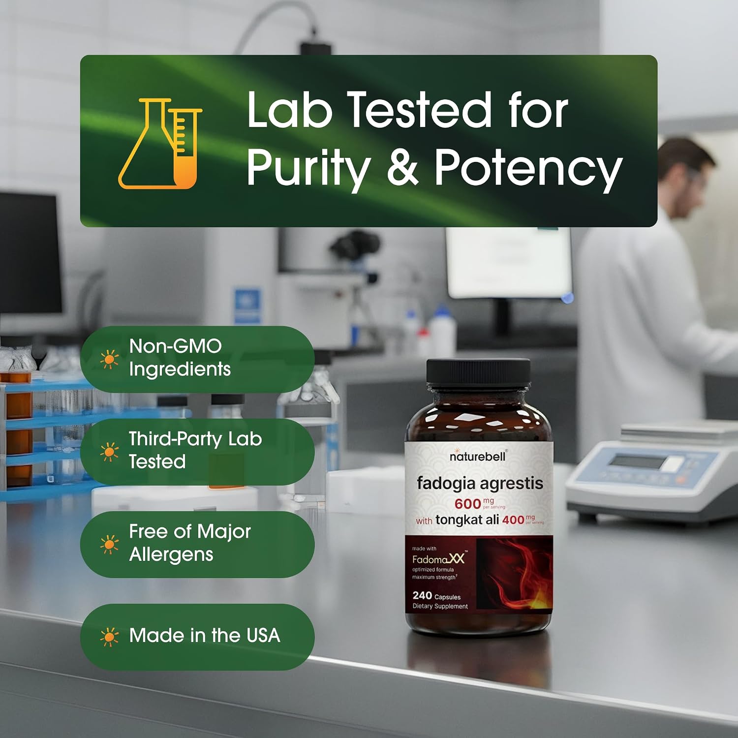 NatureBell Fadogia Agrestis 600mg & Tongkat Ali 400mg - 240 Cápsulas (Suministro 4 Meses) - Suplemento de Alta Potencia para Energía, Vitalidad y Apoyo al Entrenamiento - No GMO, Sin Gluten