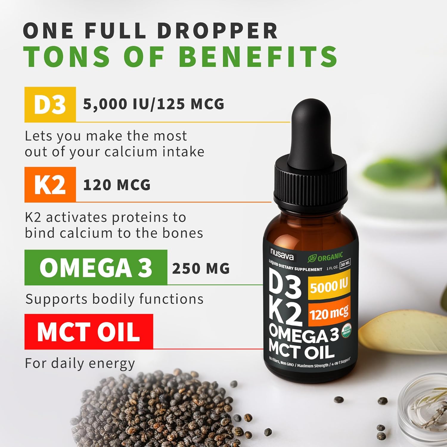 NUSAVA Organic Vitamin D3 K2 Drops with MCT Oil & Omega 3 (4 Pack)
