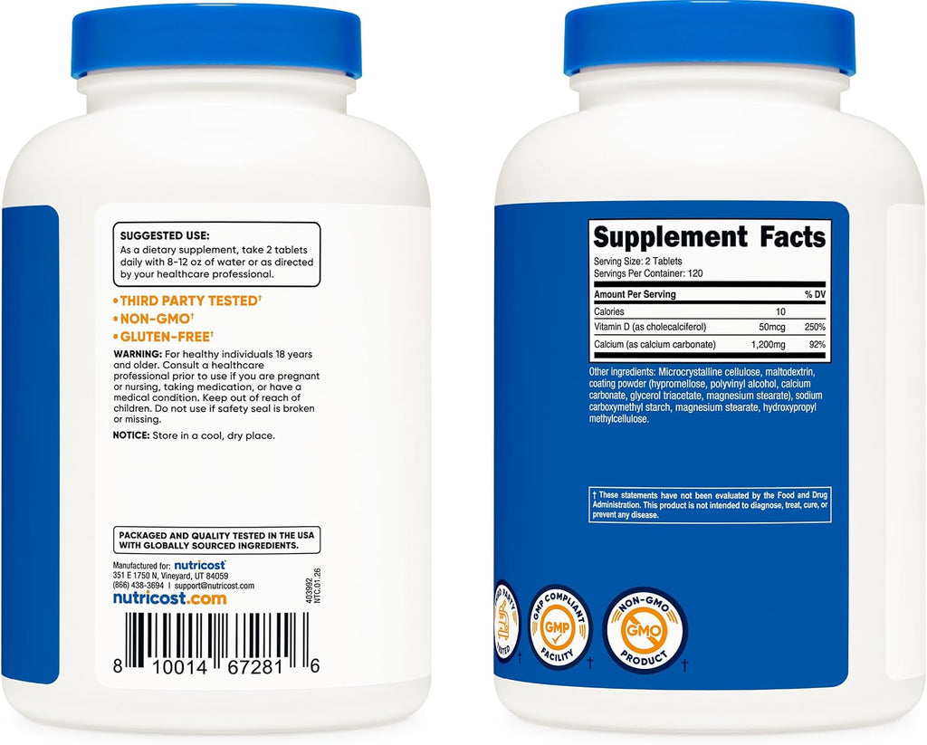 Nutricost Calcio con Vitamina D, 1200 mg Calcio + 50 mcg Vitamina D, 240 Comprimidos