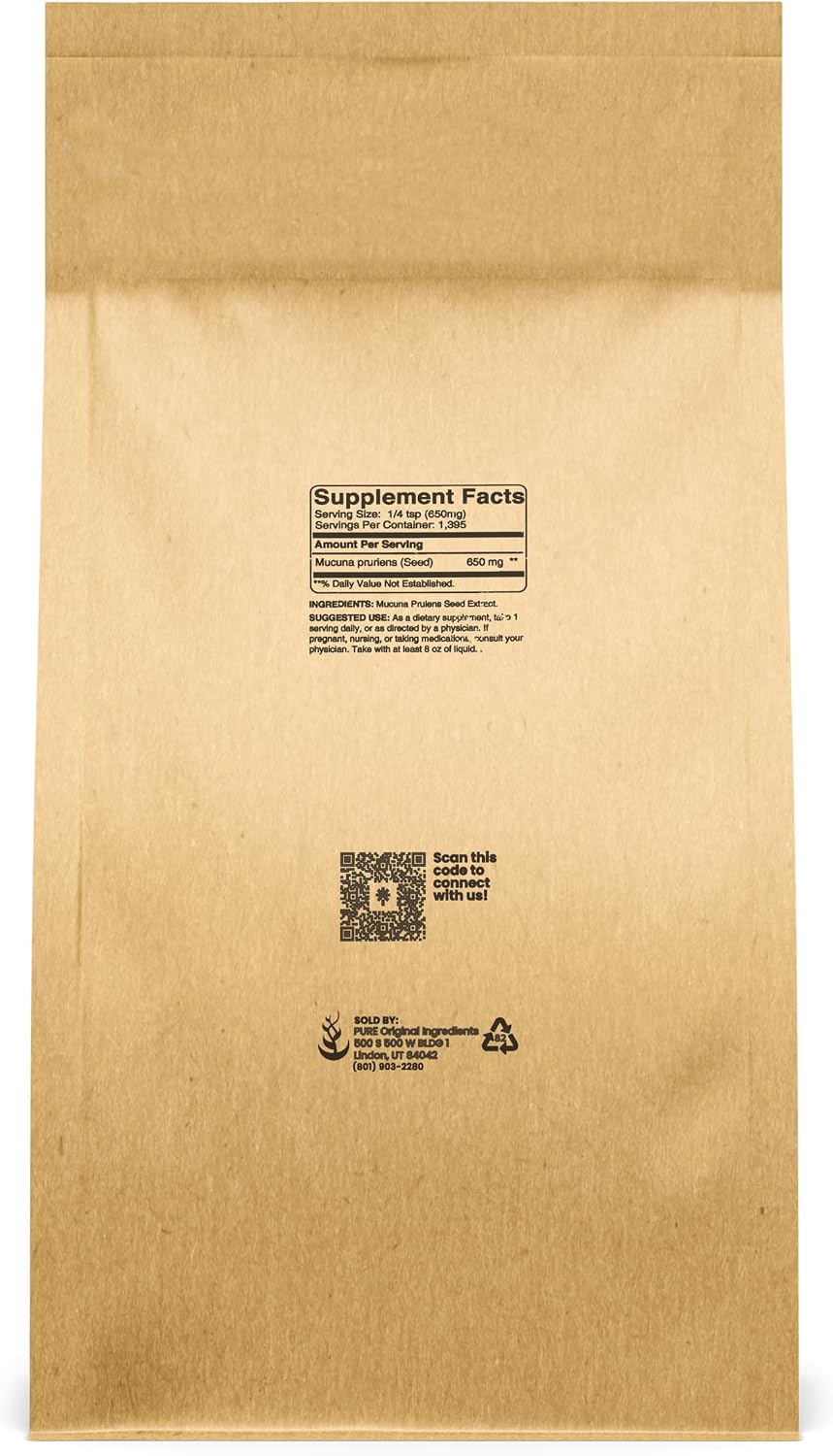 PURE ORIGINAL INGREDIENTS Mucuna Pruriens (907 g), Puro y Natural, No-GMO, Sin Gluten