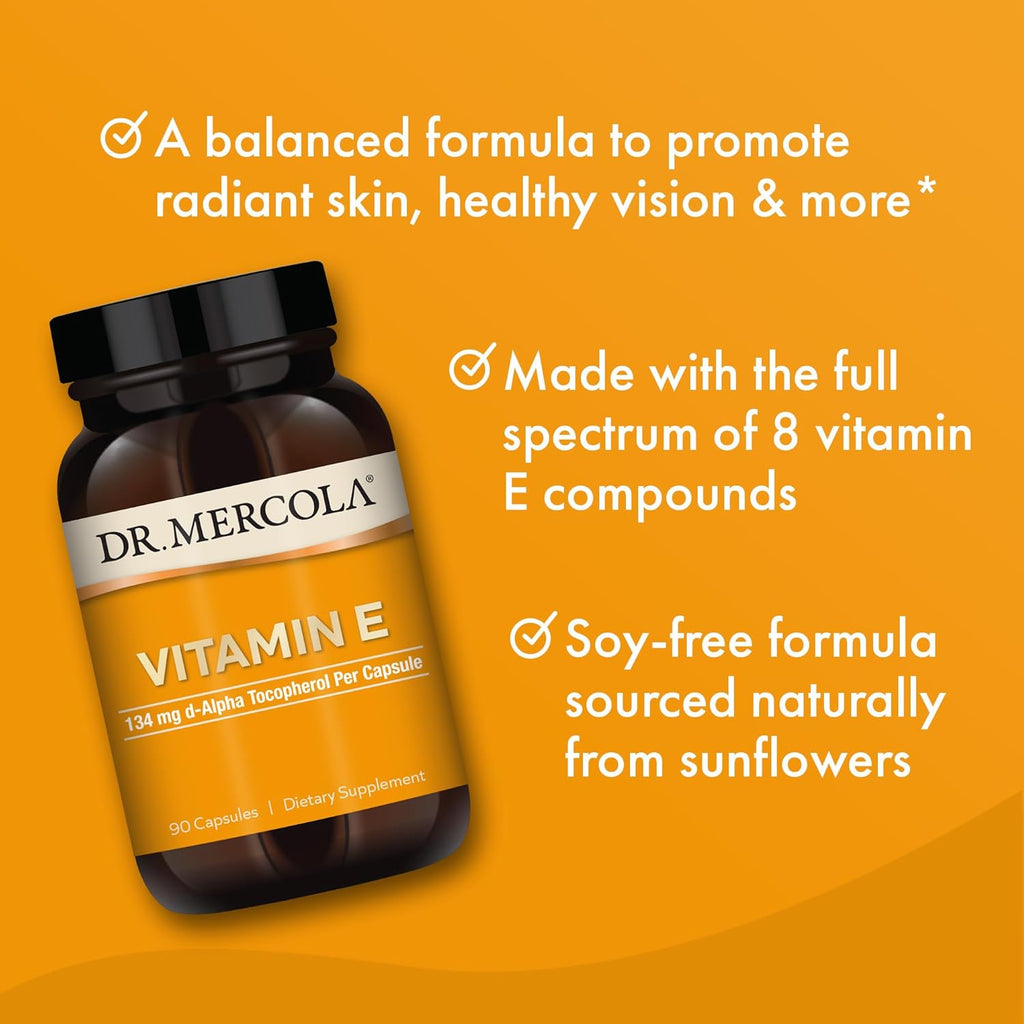 Dr. Mercola Vitamina E, 90 cápsulas, 134 mg por cápsula, Suplemento alimenticio