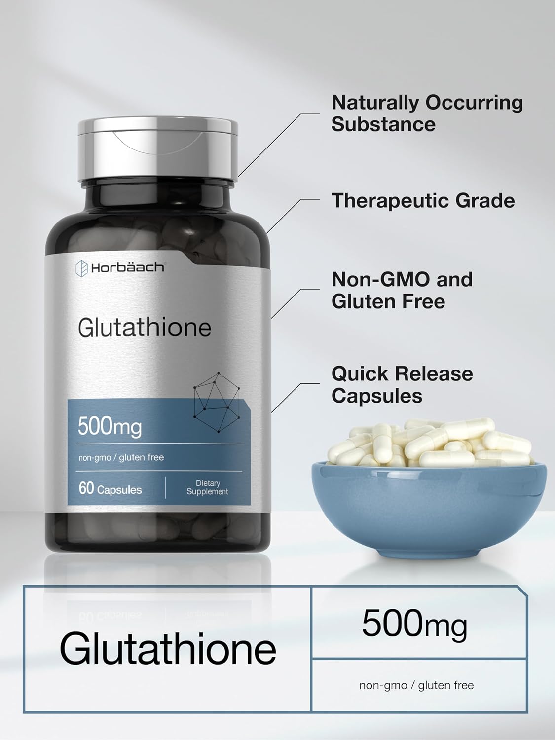 Horbäach L-Glutatión 500mg | 60 Cápsulas | Forma Reducida | Sin Gluten y No Transgénico