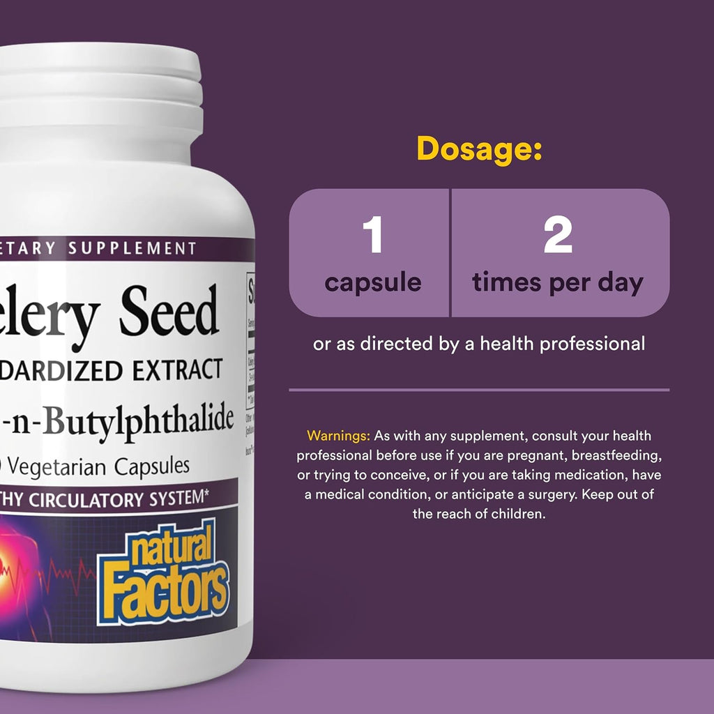 Extracto de Semilla de Apio de Natural Factors – Suplemento Herbal para la Circulación, 60 Cápsulas