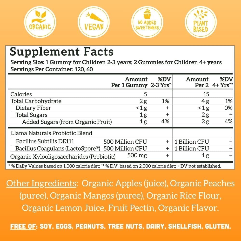 Llama Naturals Probiótico con Prebiótico para Niños - Gomitas Sabor Melocotón Mango, 120 uds